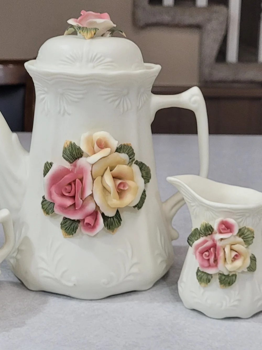 Source Unknown Cream Porcelain Coffee Set with Pink & Yellow Rose Appliques